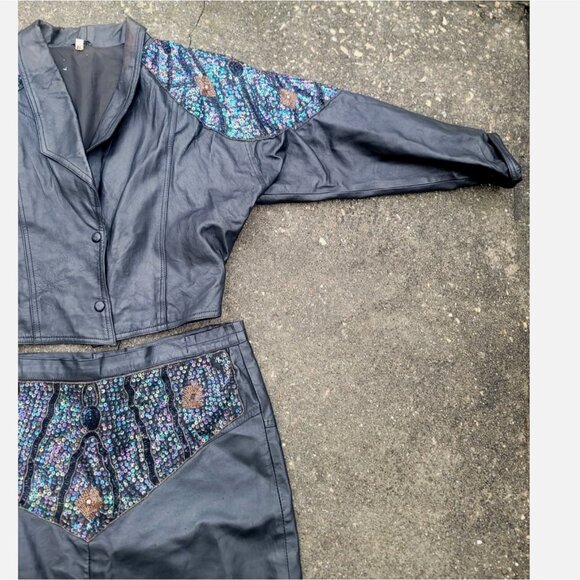 Vintage Real Leather Sequin Beaded Jacket Skirt Set Women XL Biker Western Disco - Picture 4 of 16